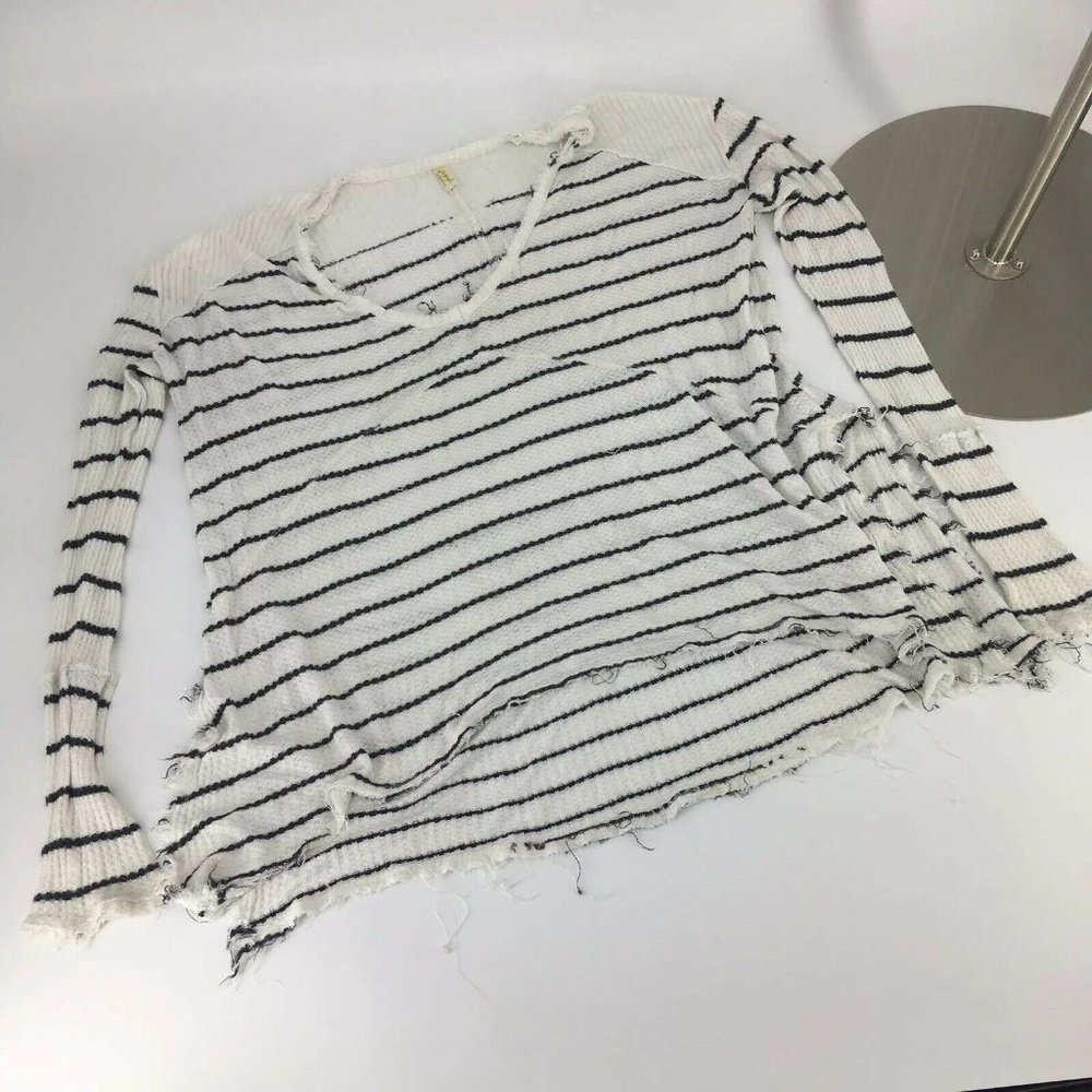 Free People Top Medium White Stripe High-Low Raw
